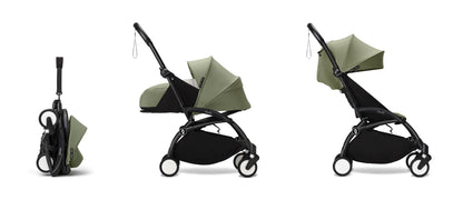 YoYo3 pushchair black chassis with olive newborn pack and colour pack.