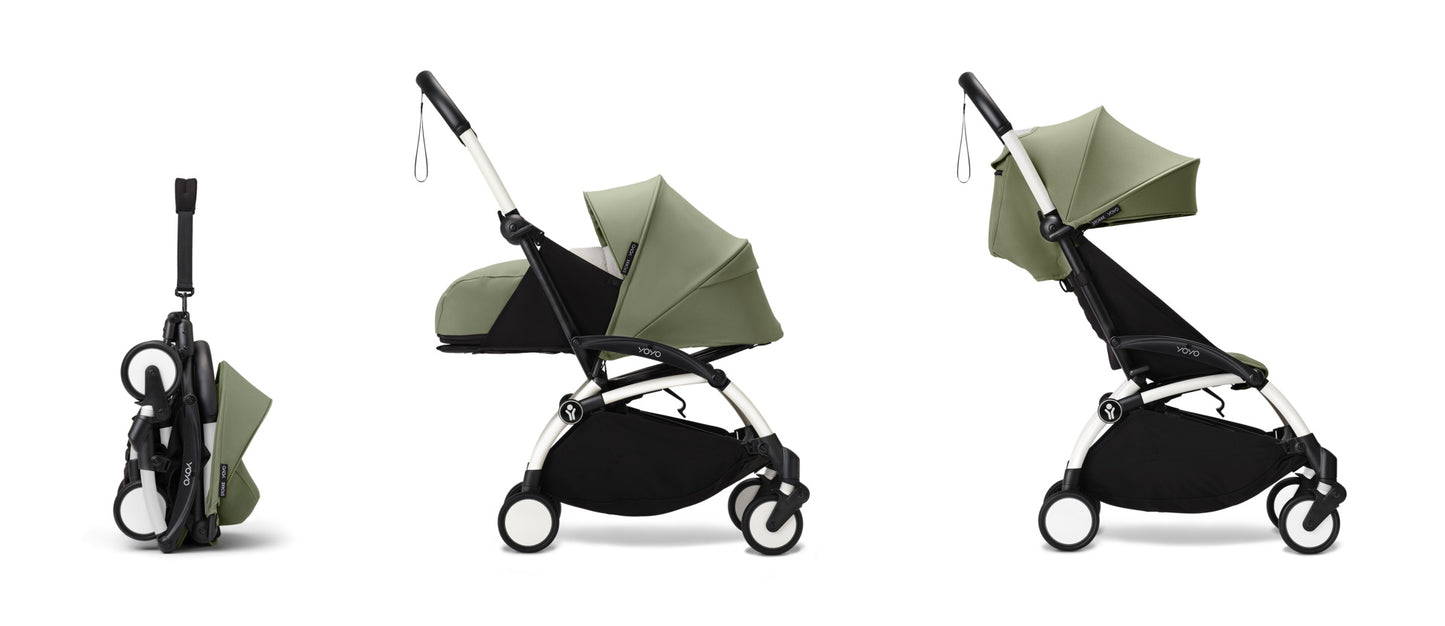 YoYo3 pushchair white chassis with olive newborn pack and colour pack.