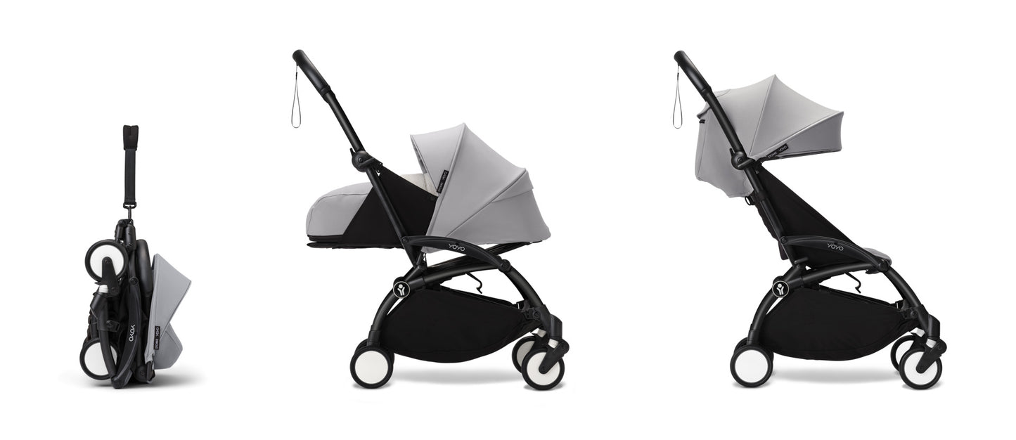 YoYo3 pushchair black chassis with stone newborn pack and colour pack.