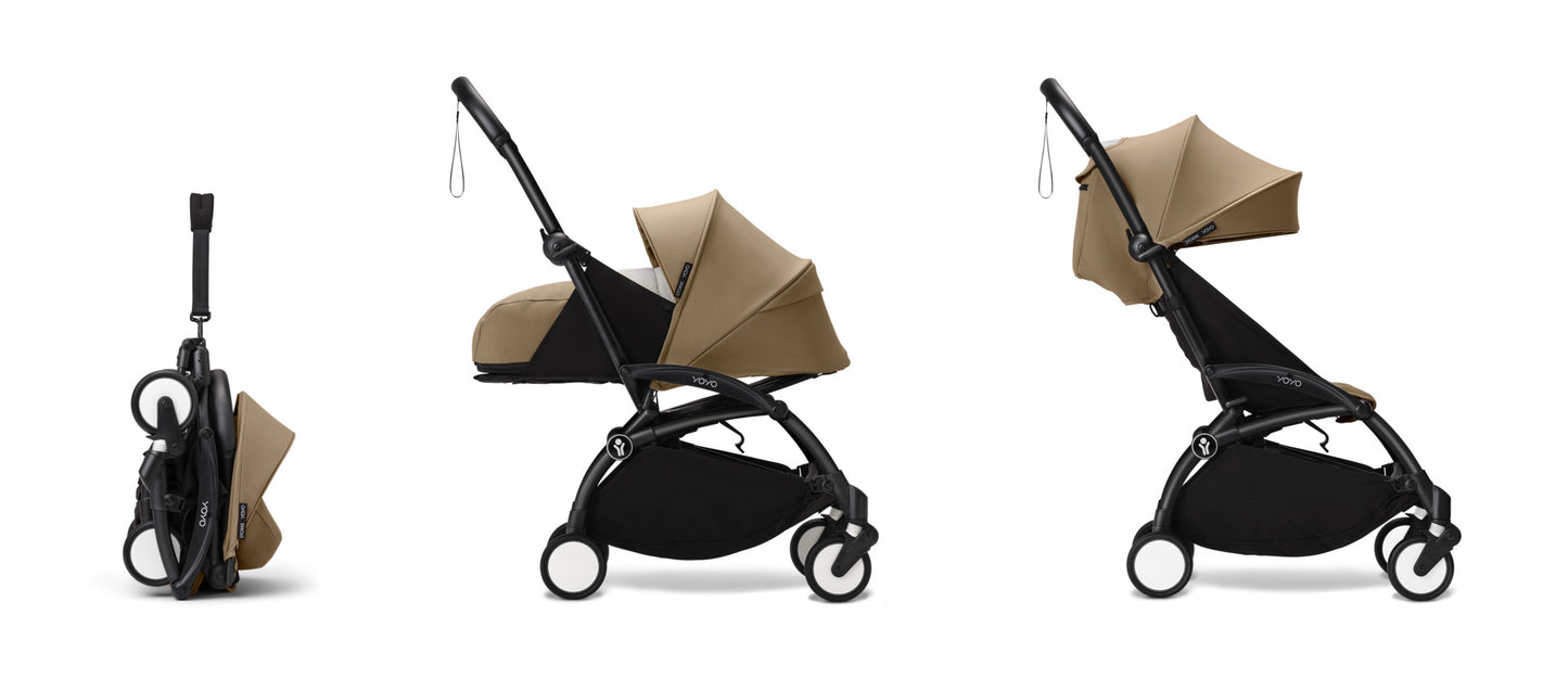 YoYo3 pushchair black chassis with toffee newborn pack and colour pack.