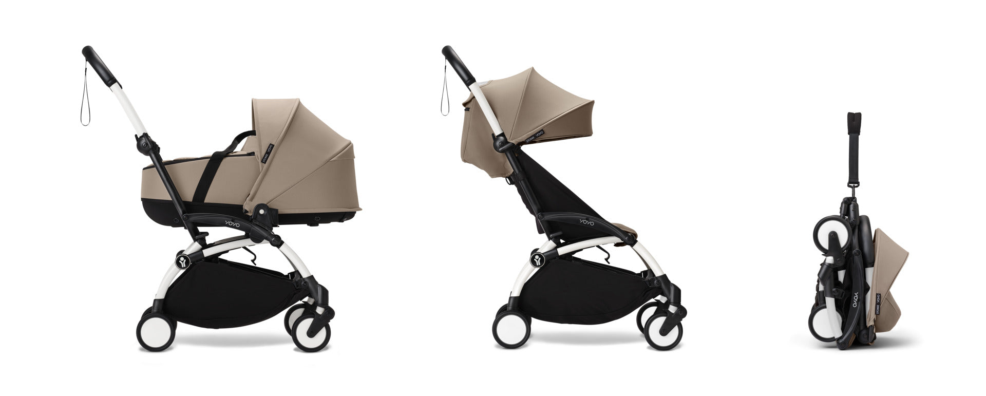 YoYo3 white chassis with taupe bassinet and colour pack.