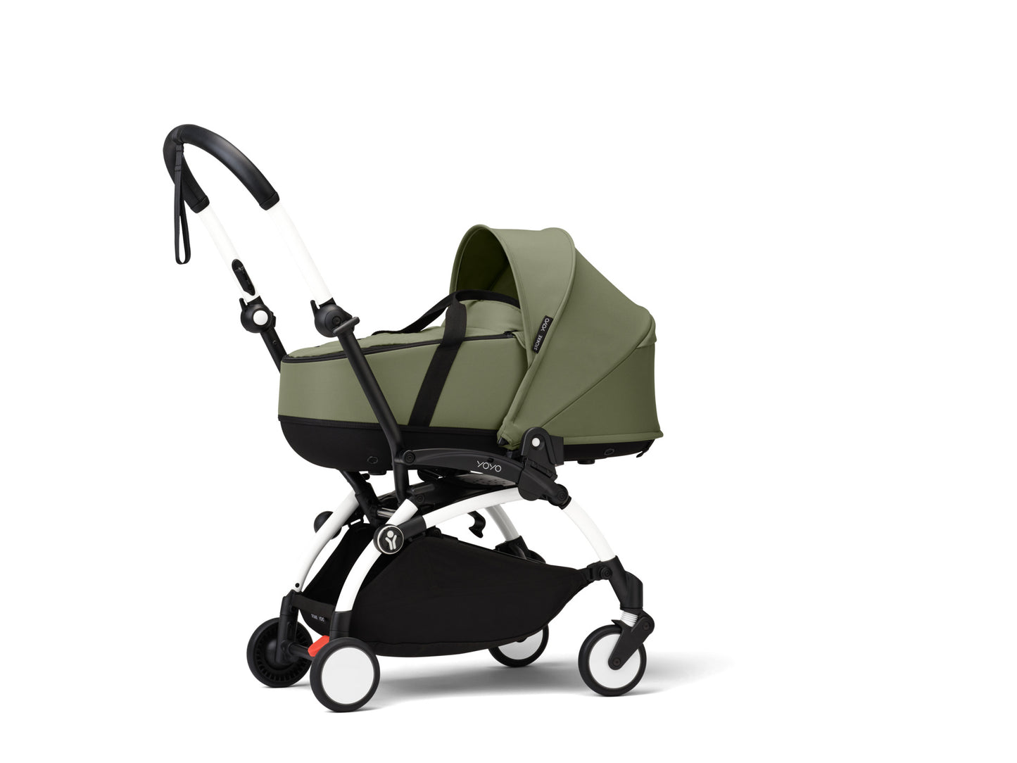 YoYo3 white chassis with olive bassinet and colour pack.