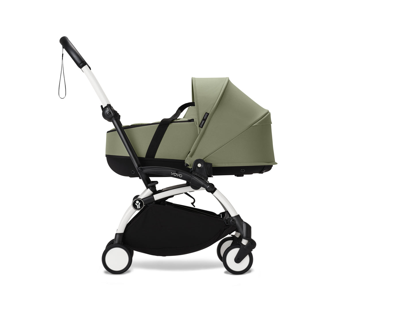 YoYo3 white chassis with olive bassinet and colour pack.