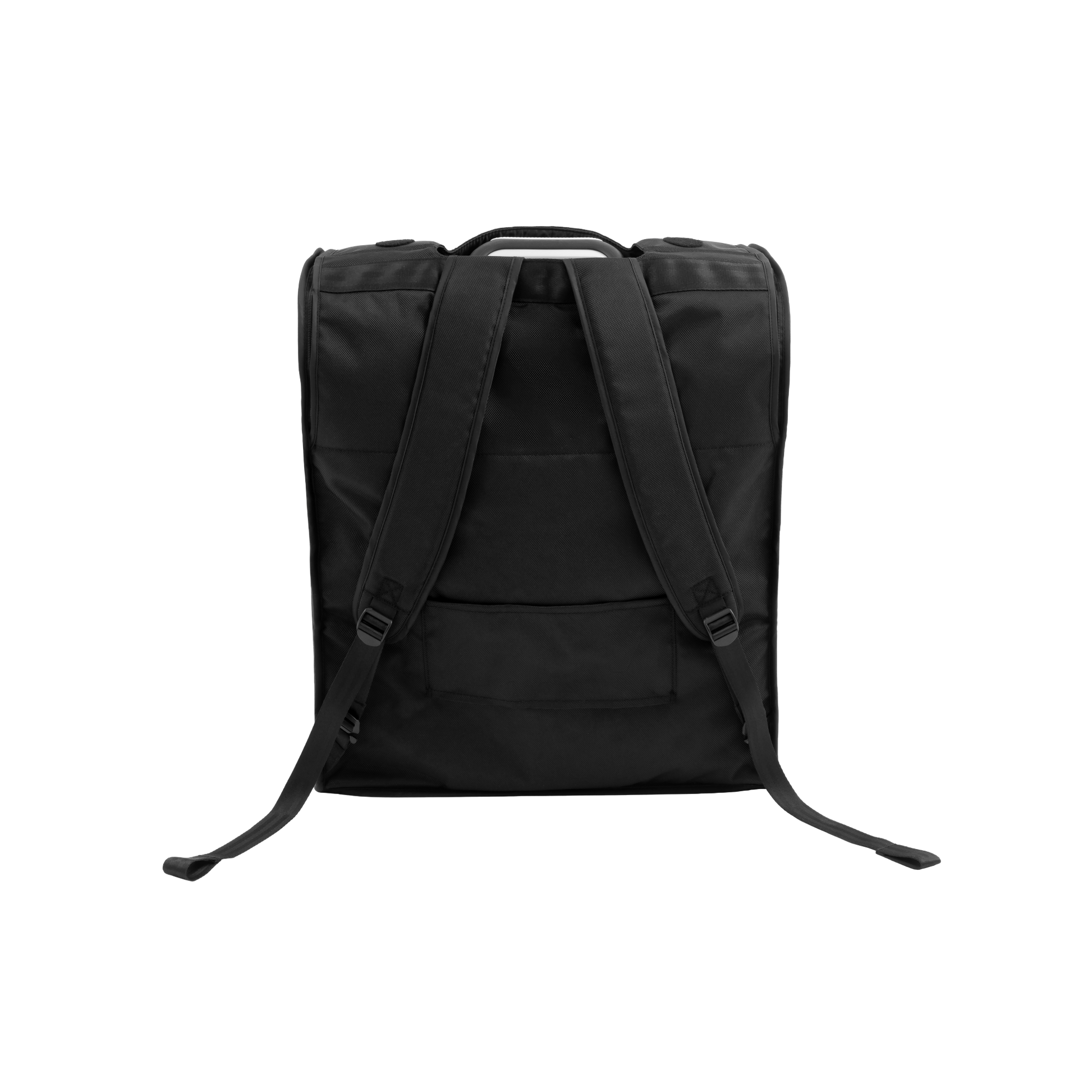 A black backpack-style yoyo stroller holder with top handles, a shoulder strap, and a front zip pocket, shown on a plain white background.