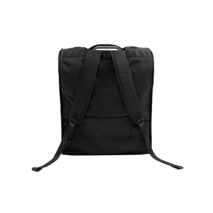 A black backpack-style yoyo stroller holder with top handles, a shoulder strap, and a front zip pocket, shown on a plain white background.