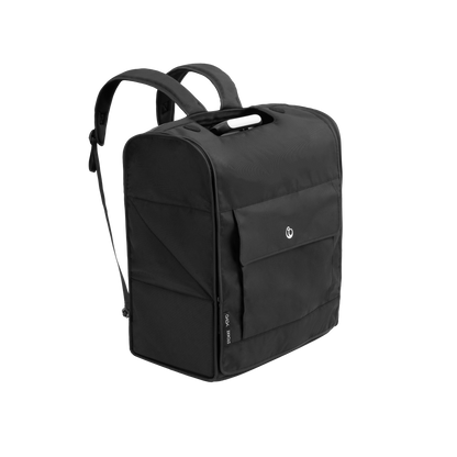 A black backpack-style yoyo stroller holder with top handles, a shoulder strap, and a front zip pocket, shown on a plain white background.