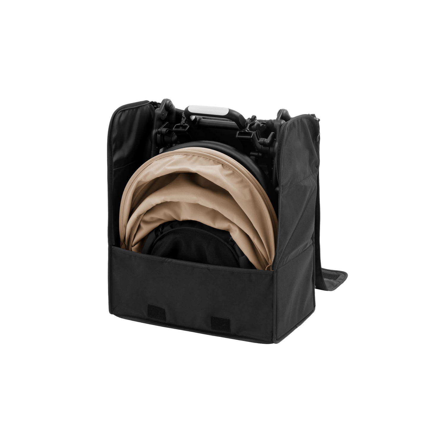 A black backpack-style yoyo stroller holder with top handles, a shoulder strap, and a front zip pocket, shown on a plain white background.