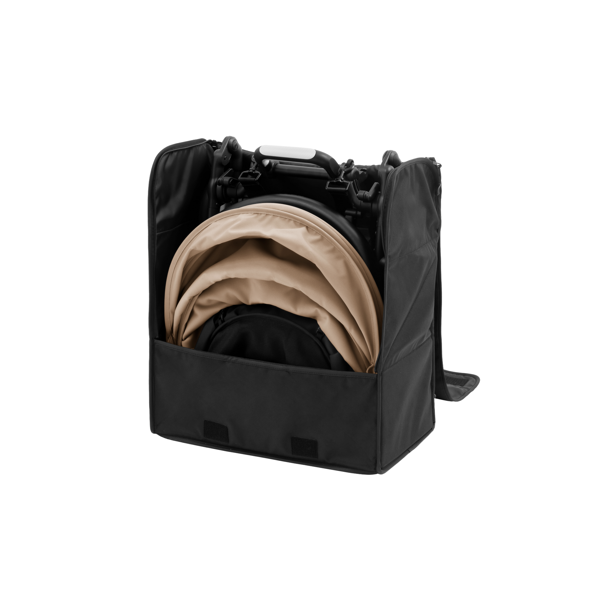 A black backpack-style yoyo stroller holder with top handles, a shoulder strap, and a front zip pocket, shown on a plain white background.