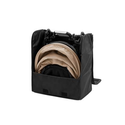 A black backpack-style yoyo stroller holder with top handles, a shoulder strap, and a front zip pocket, shown on a plain white background.