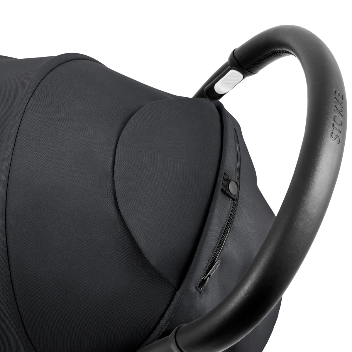 A compact yoyo 5 stroller with a black canopy and seat lining, a black frame, and black wheels, shown on a plain white background.