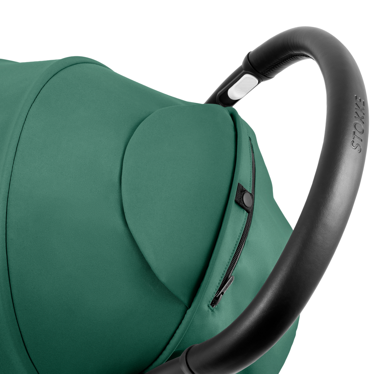 A compact yoyo 5 stroller with a green canopy and seat lining, a black frame, and black wheels, shown on a plain white background.