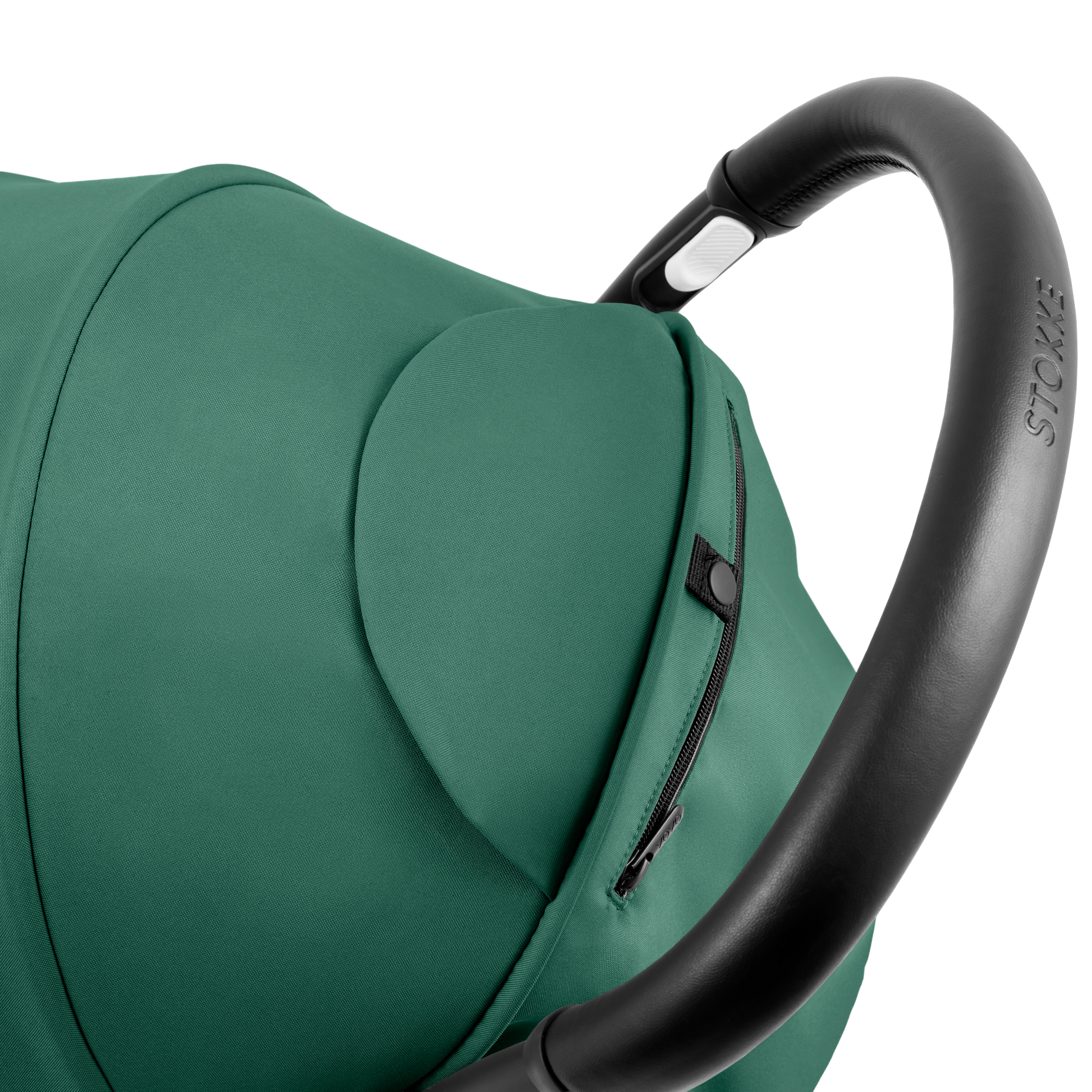 A compact baby stroller with a dark green canopy and dark green padded seat, with a blacked out chassis, shown on a plain white background.