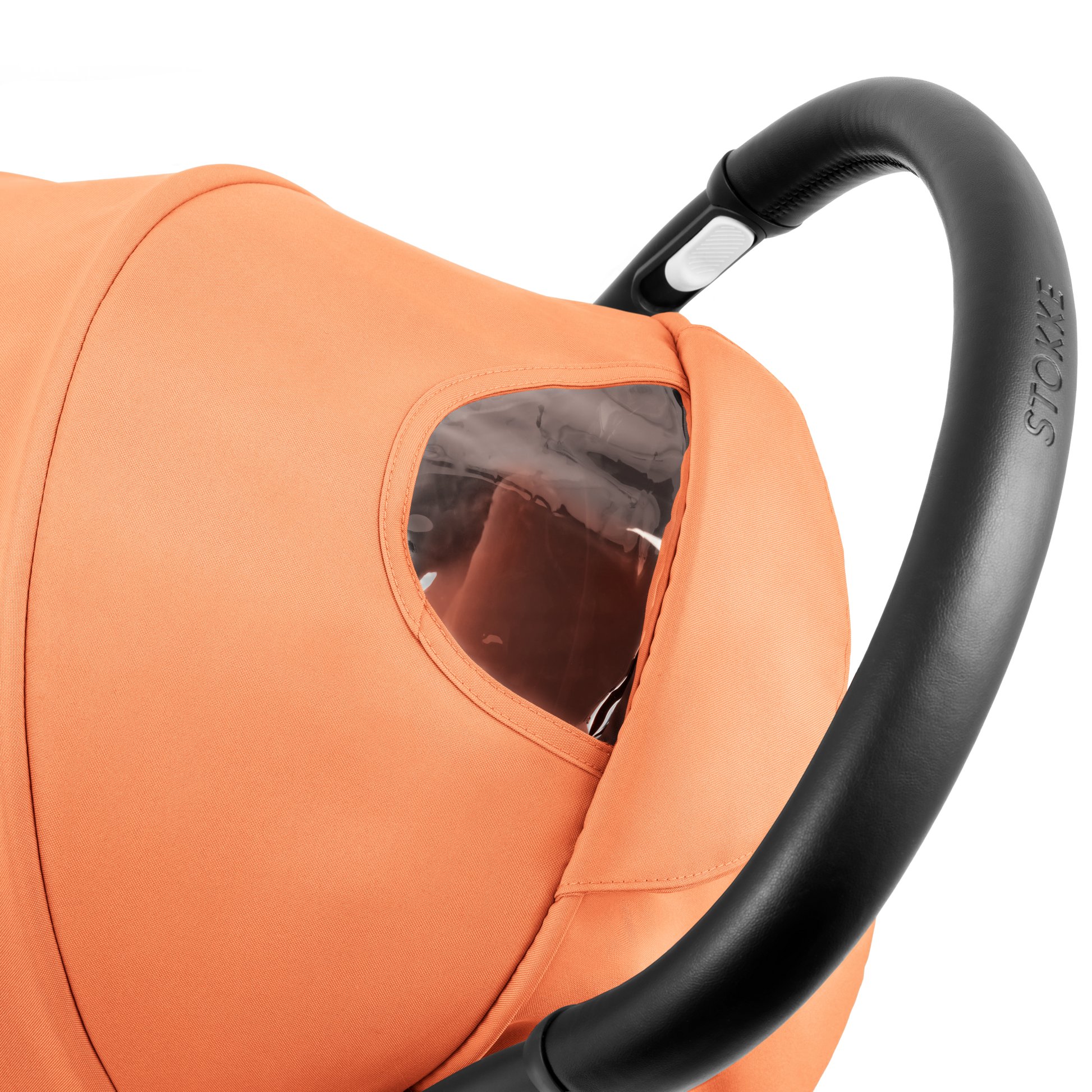 A compact baby stroller with an orange  canopy and orange padded seat, with a blacked out chassis, shown on a plain white background.