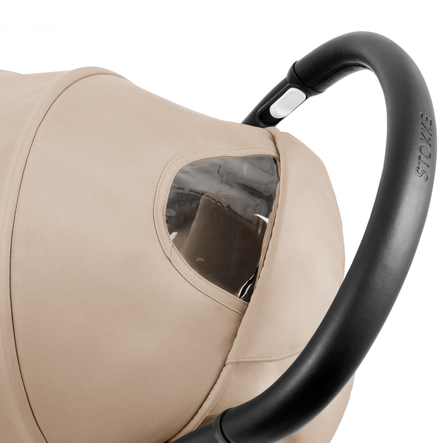 A compact yoyo 5 stroller with a beige canopy and seat lining, a black frame, and black wheels, shown on a plain white background.
