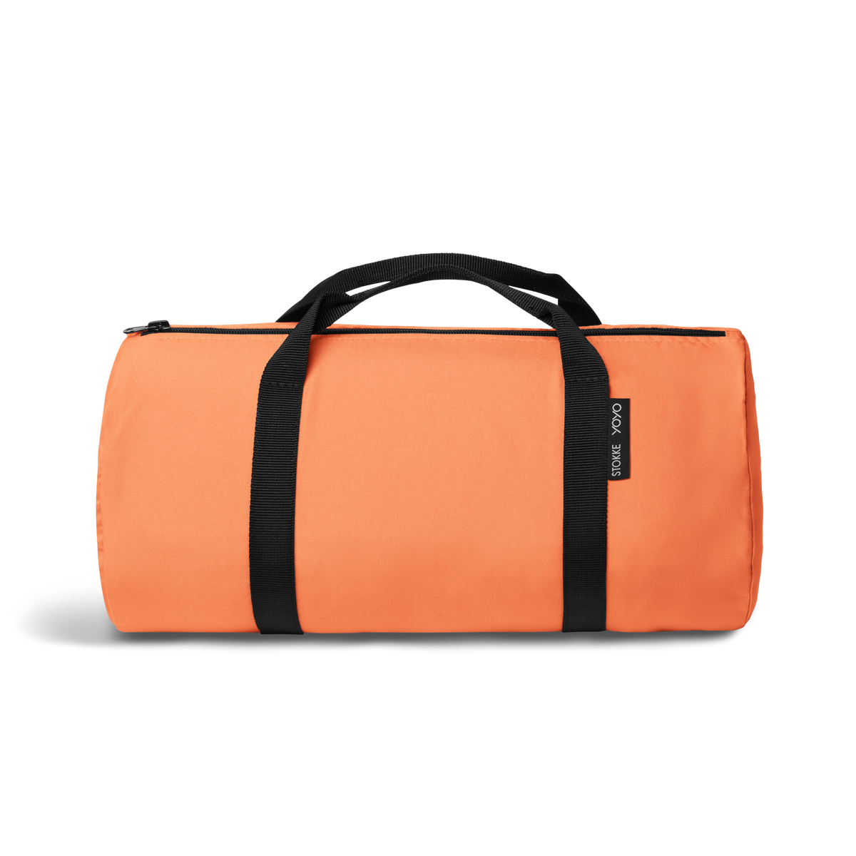 A stroller with a orange colored padded footmuff, cream fleece lining, and a black frame, shown from the front on a white background.
