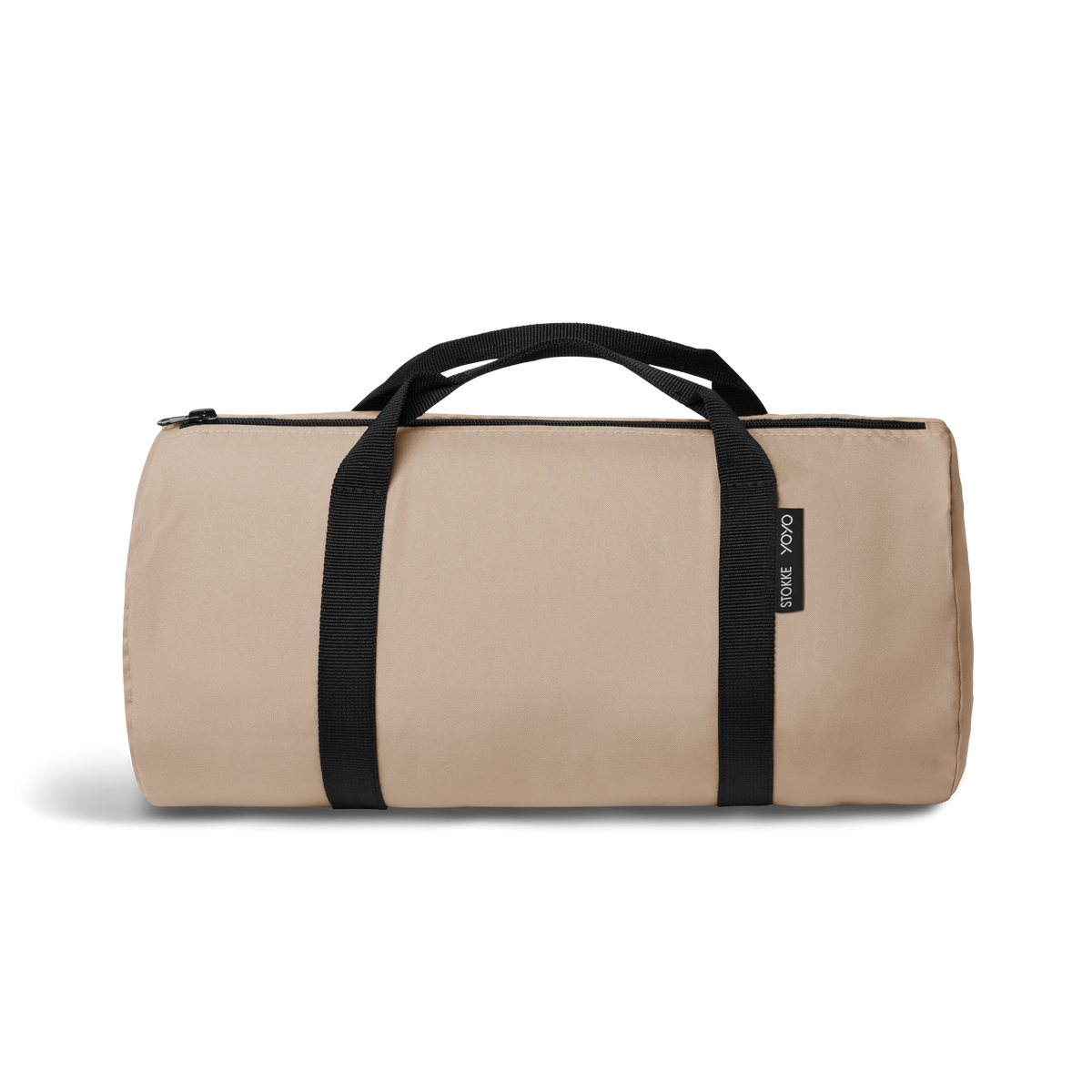 A stroller with a beige colored padded footmuff, cream fleece lining, and a black frame, shown from the front on a white background.