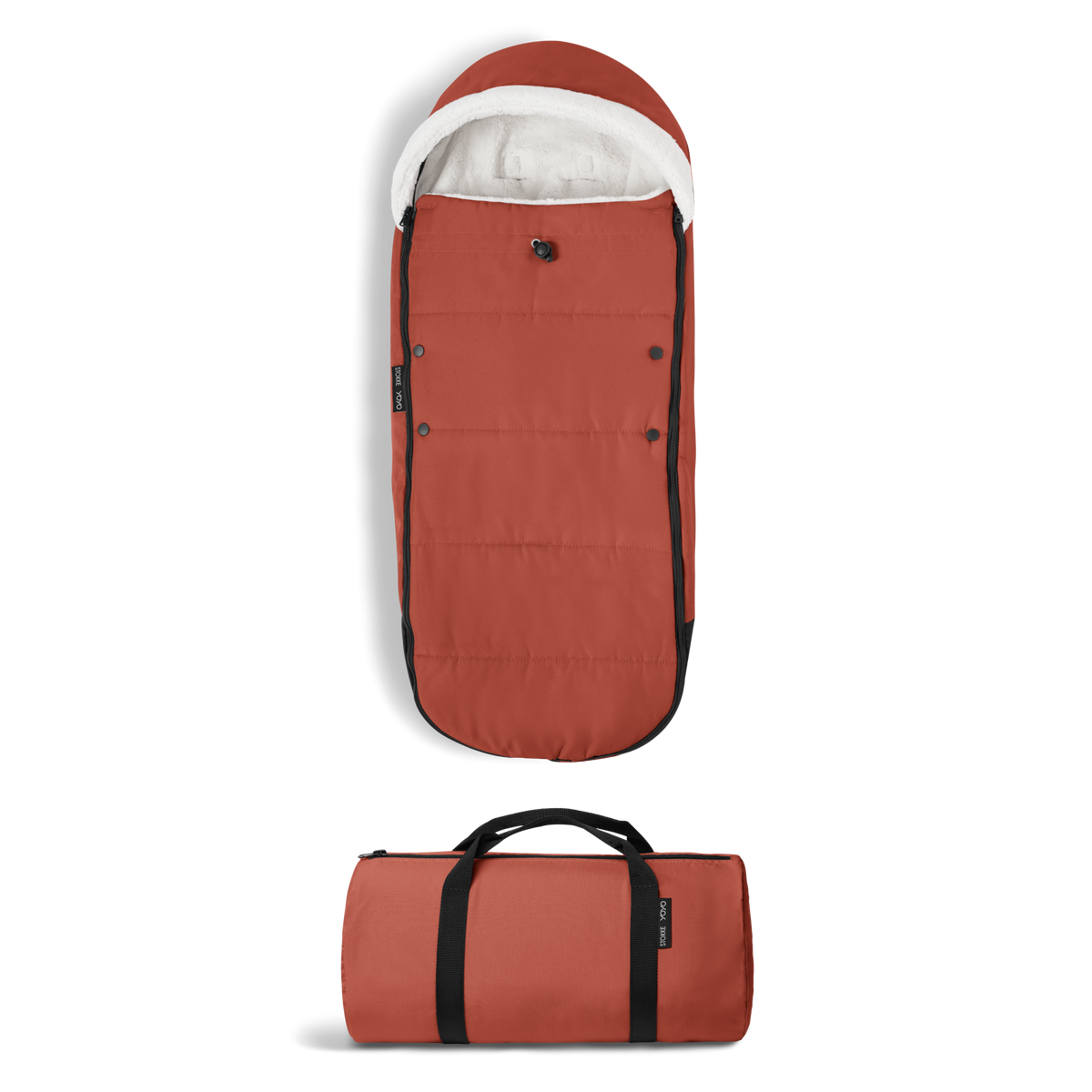 A stroller with a rust-colored padded footmuff, cream fleece lining, and a black frame, shown from the front on a white background.