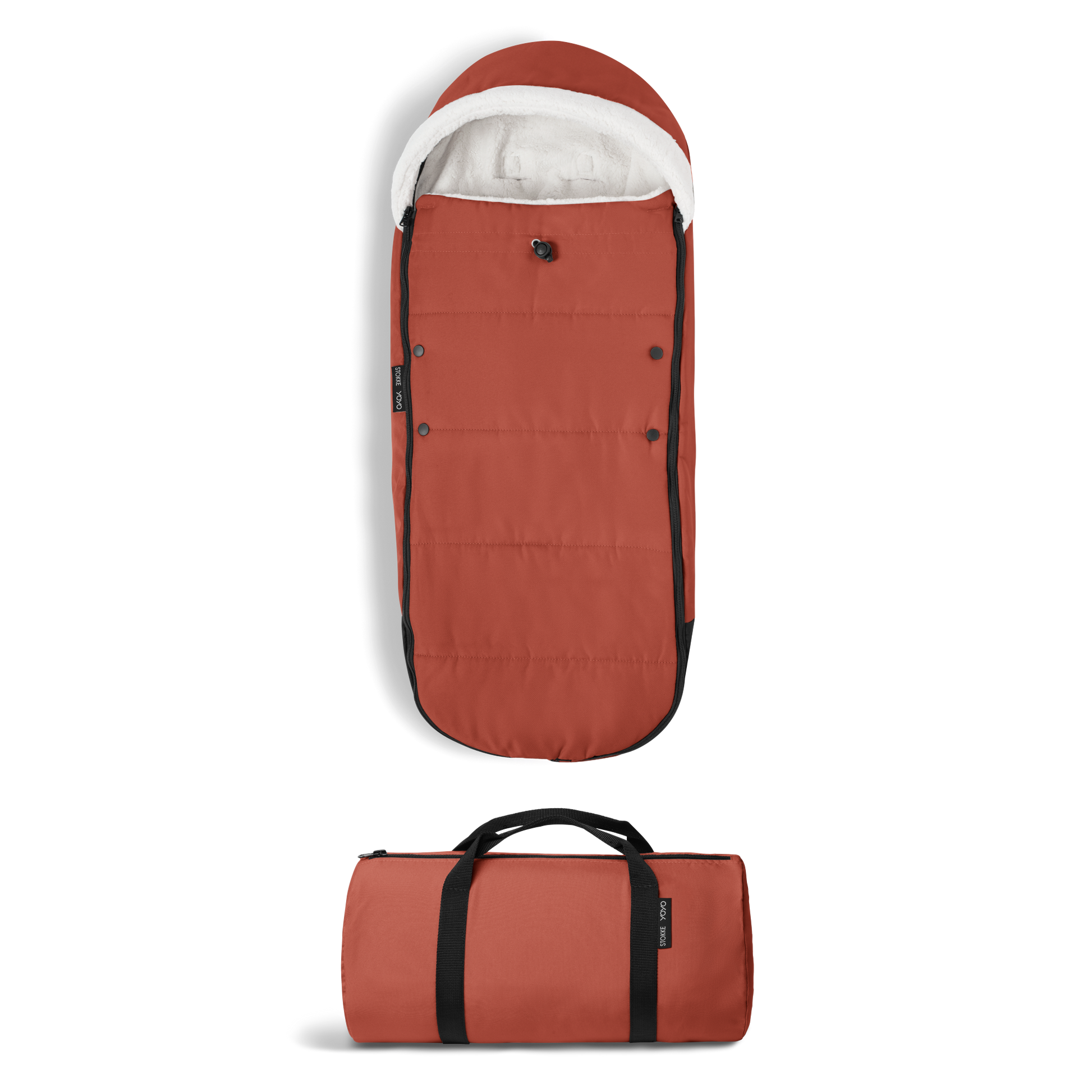 A stroller with a rust-colored padded footmuff, cream fleece lining, and a black frame, shown from the front on a white background.