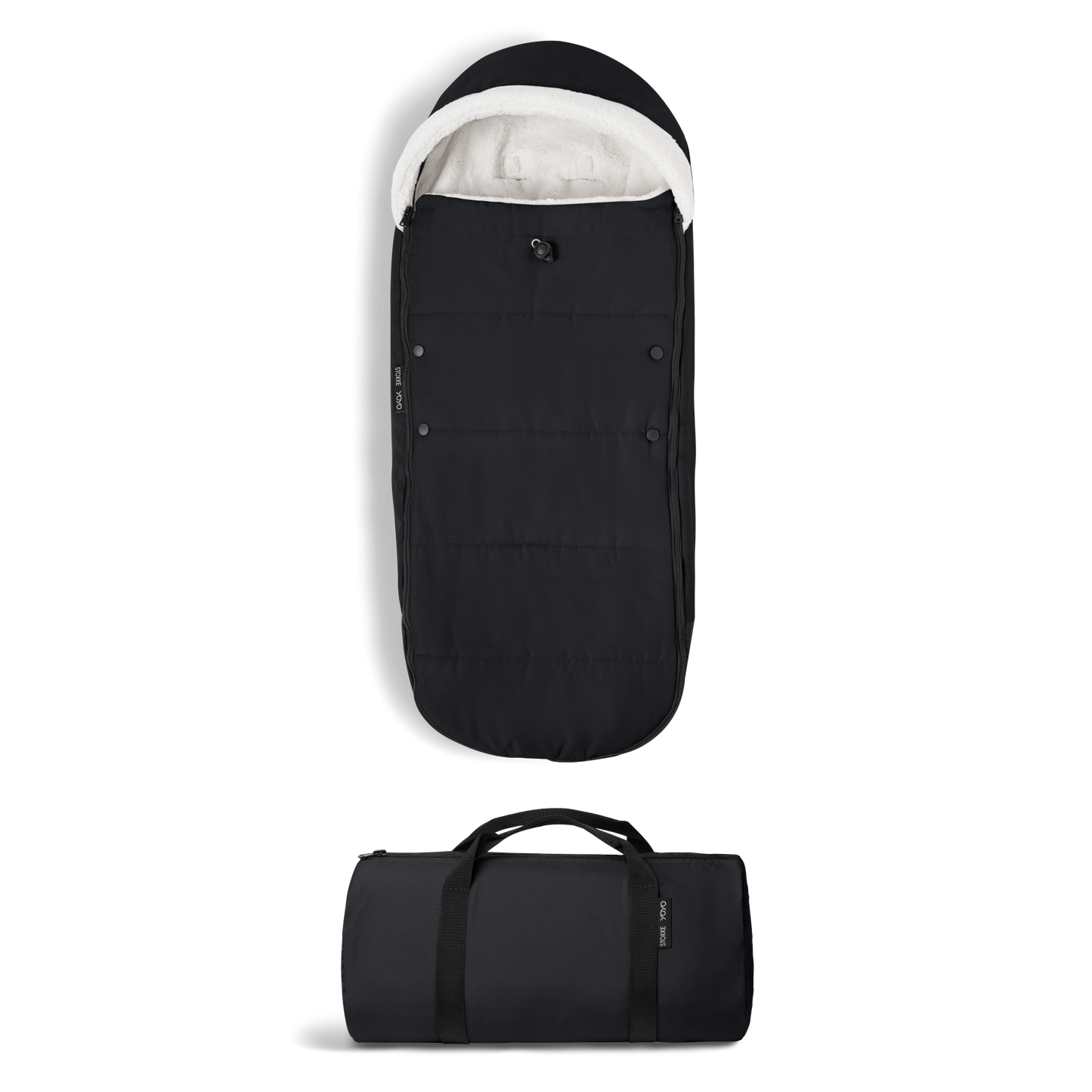 A stroller with a black colored padded footmuff, cream fleece lining, and a black frame, shown from the front on a white background.