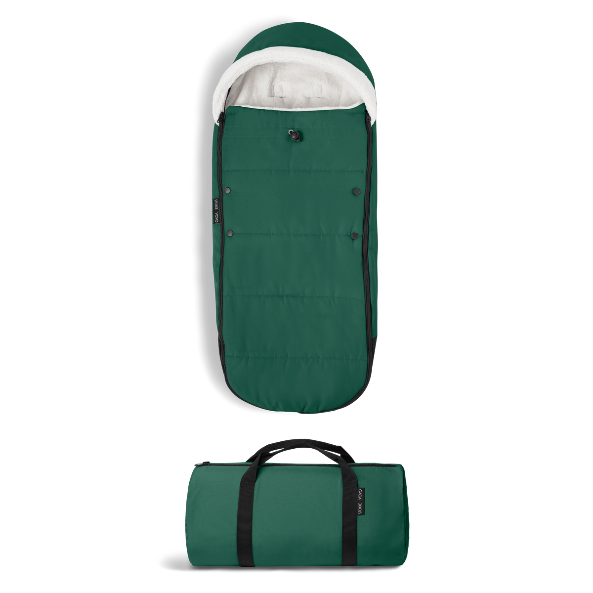 A stroller with a forest green colored padded footmuff, cream fleece lining, and a black frame, shown from the front on a white background.