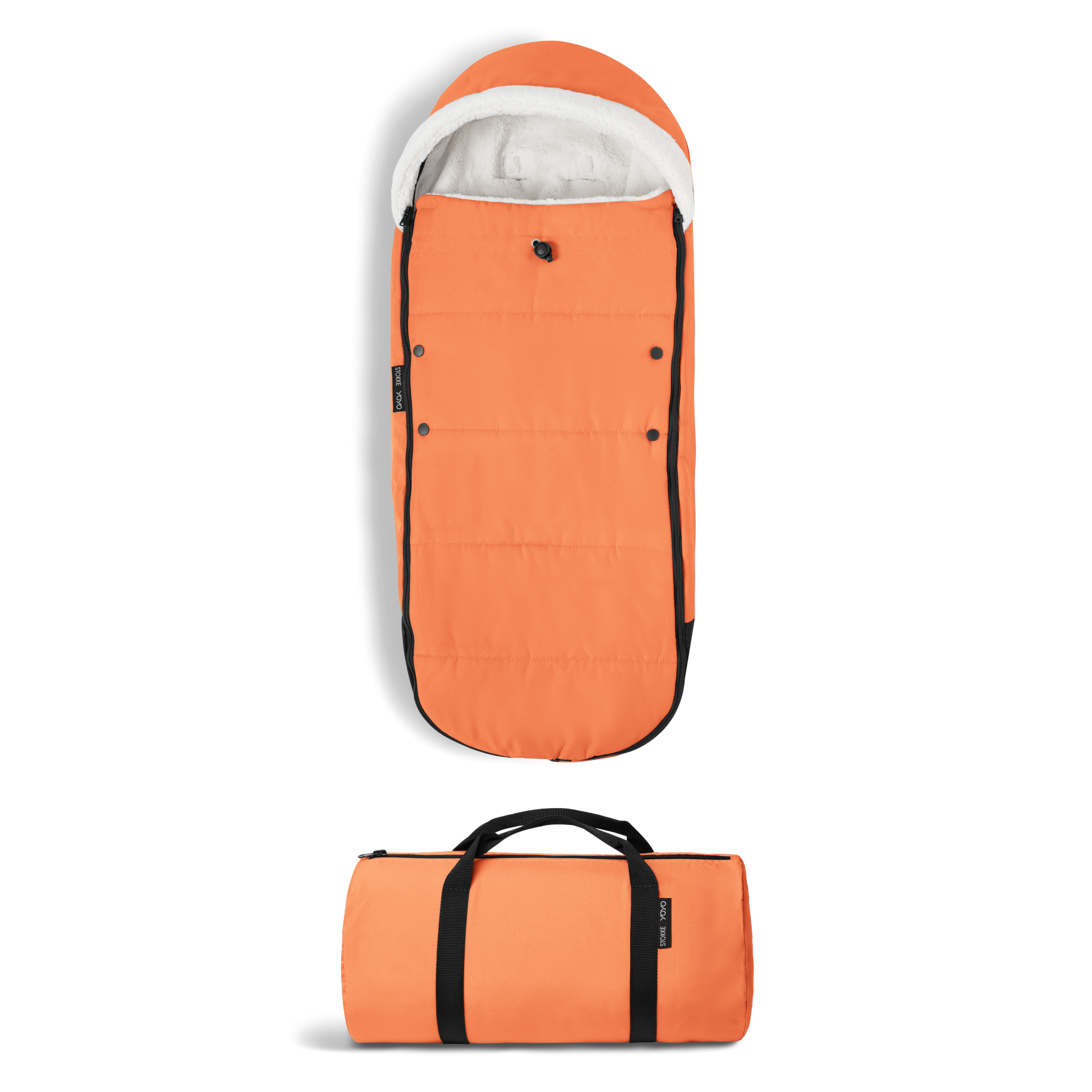 A stroller with a orange colored padded footmuff, cream fleece lining, and a black frame, shown from the front on a white background.