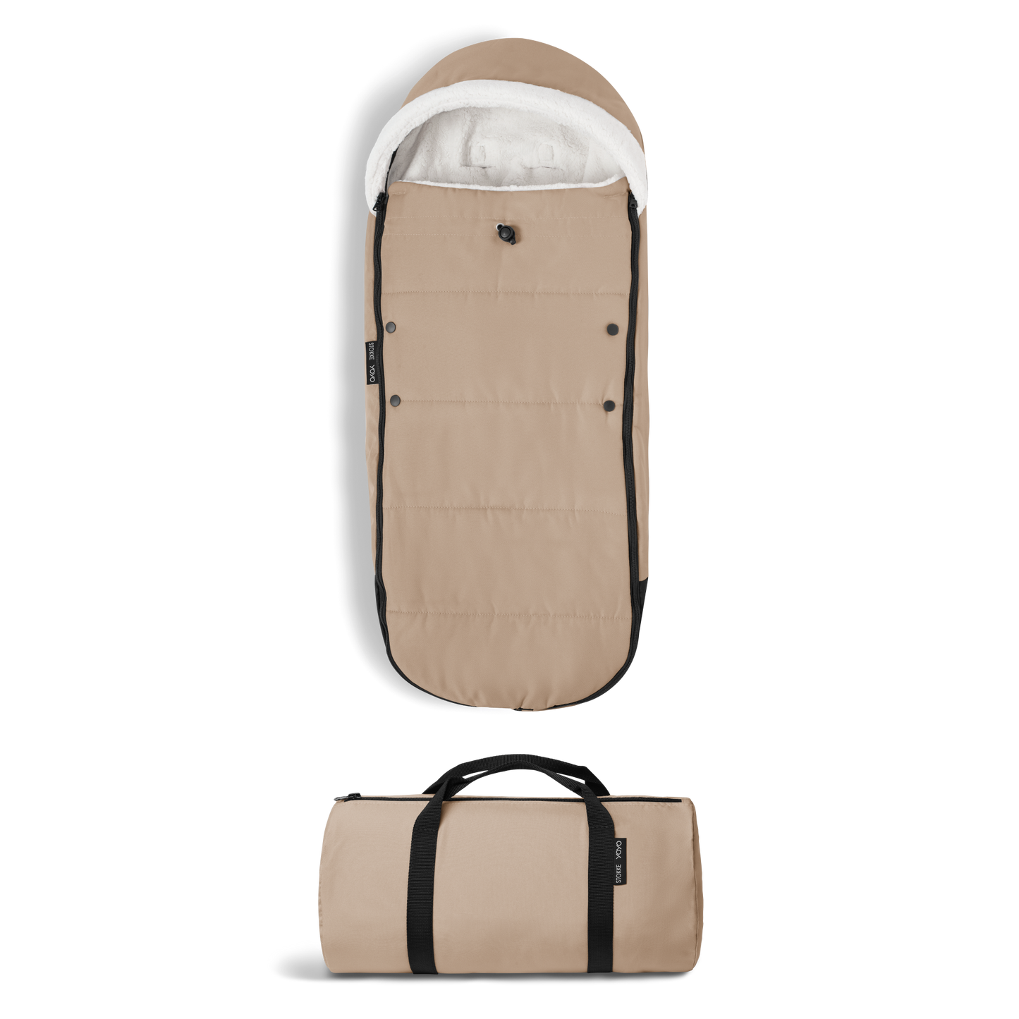 A stroller with a beige colored padded footmuff, cream fleece lining, and a black frame, shown from the front on a white background.