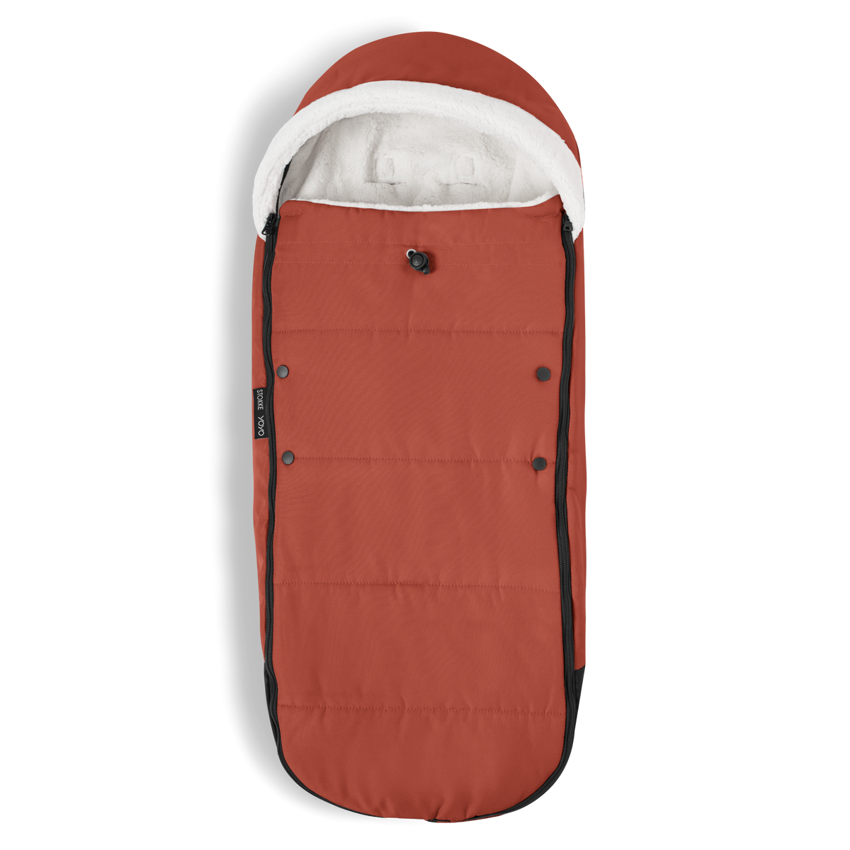 A stroller with a rust-colored padded footmuff, cream fleece lining, and a black frame, shown from the front on a white background.