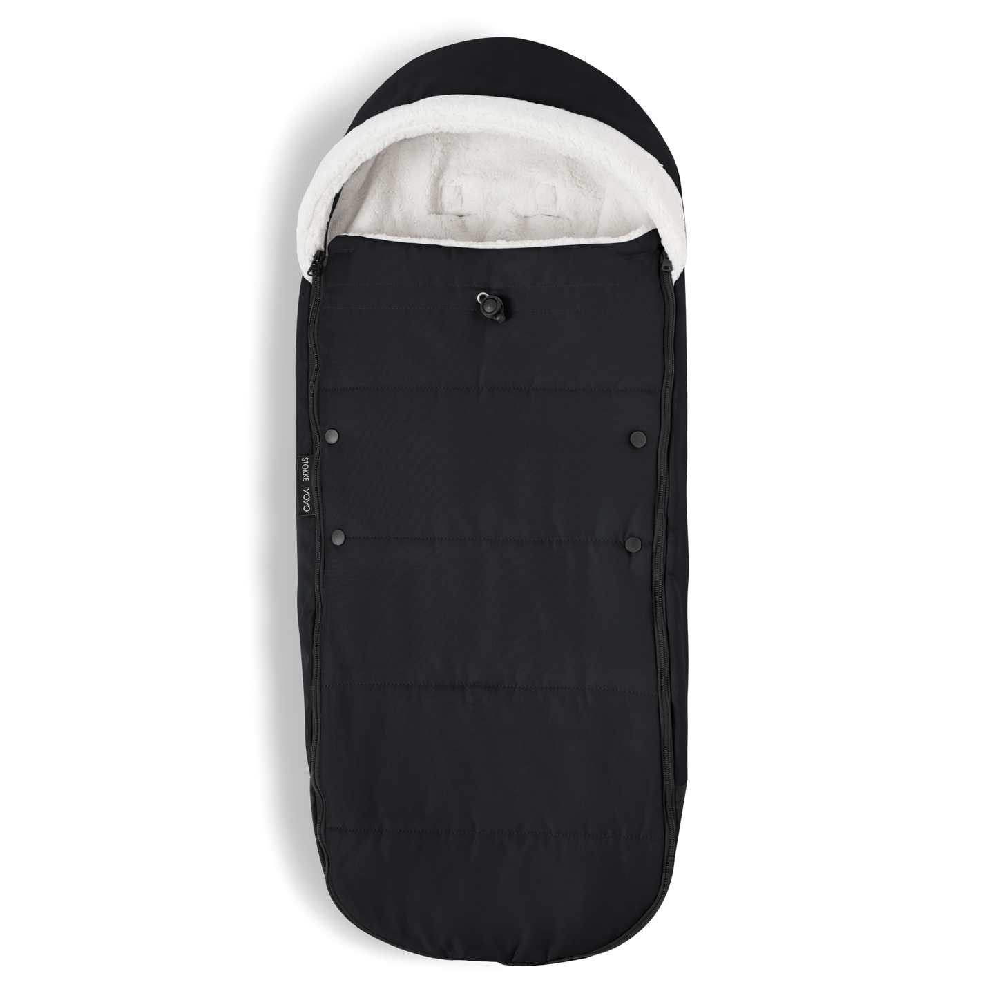 A stroller with a black colored padded footmuff, cream fleece lining, and a black frame, shown from the front on a white background.