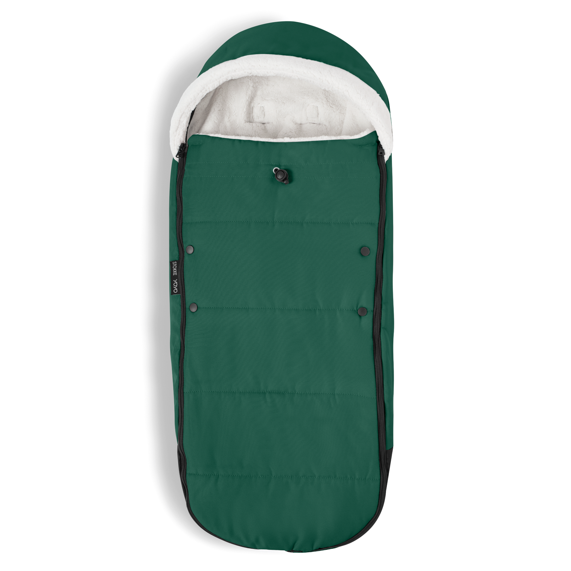 A stroller with a forest green colored padded footmuff, cream fleece lining, and a black frame, shown from the front on a white background.