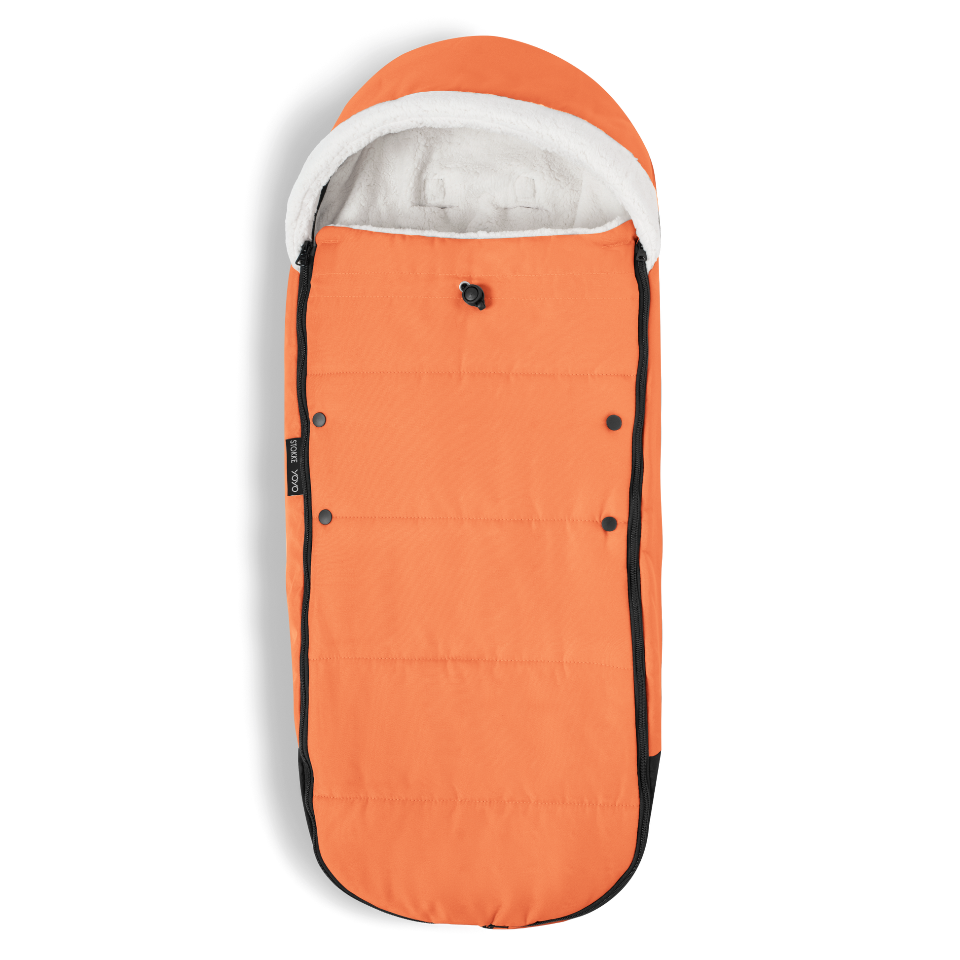 A stroller with a orange colored padded footmuff, cream fleece lining, and a black frame, shown from the front on a white background.