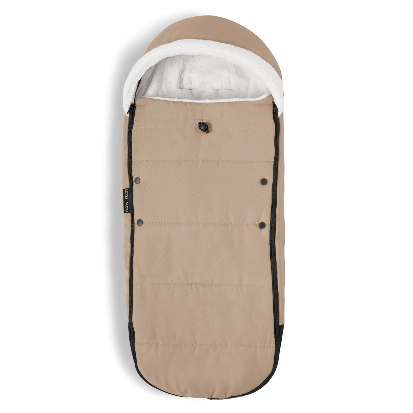 A stroller with a beige colored padded footmuff, cream fleece lining, and a black frame, shown from the front on a white background.