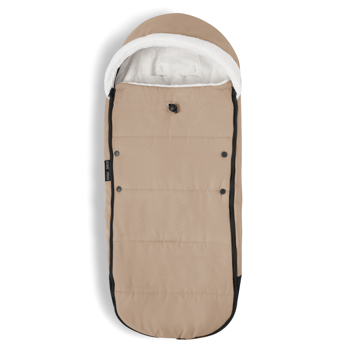 A stroller with a beige colored padded footmuff, cream fleece lining, and a black frame, shown from the front on a white background.
