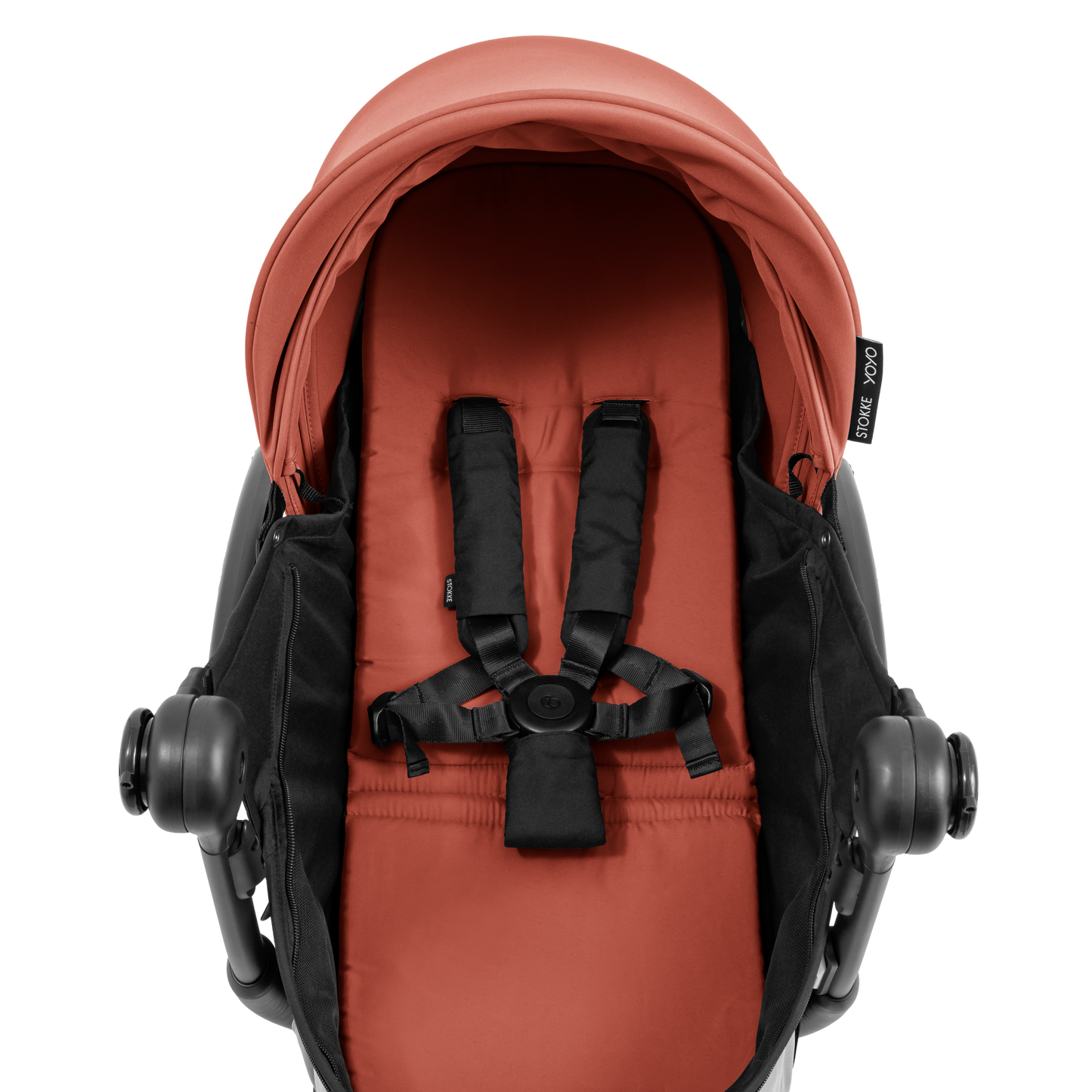 A yoyo stroller bassinet attachment set in terracotta orange and black, shown mounted on a stroller frame against a solid white background.