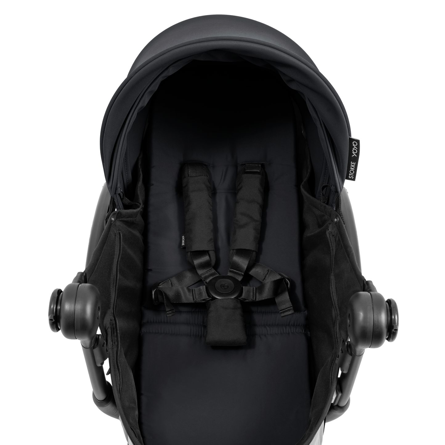 A yoyo stroller bassinet attachment set in black, shown mounted on a stroller frame against a solid white background.