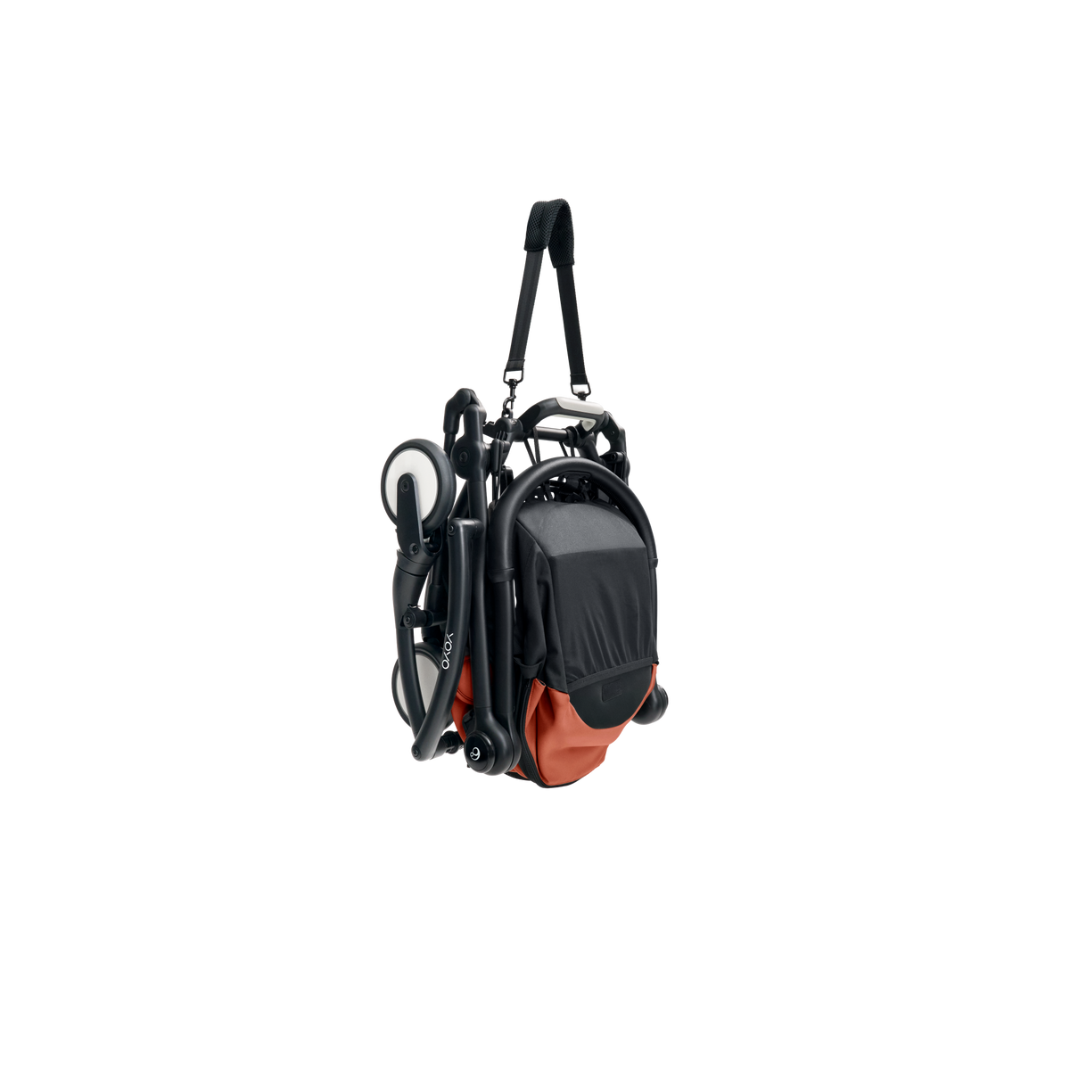 A yoyo stroller bassinet attachment set in terracotta orange and black, shown mounted on a stroller frame against a solid white background.