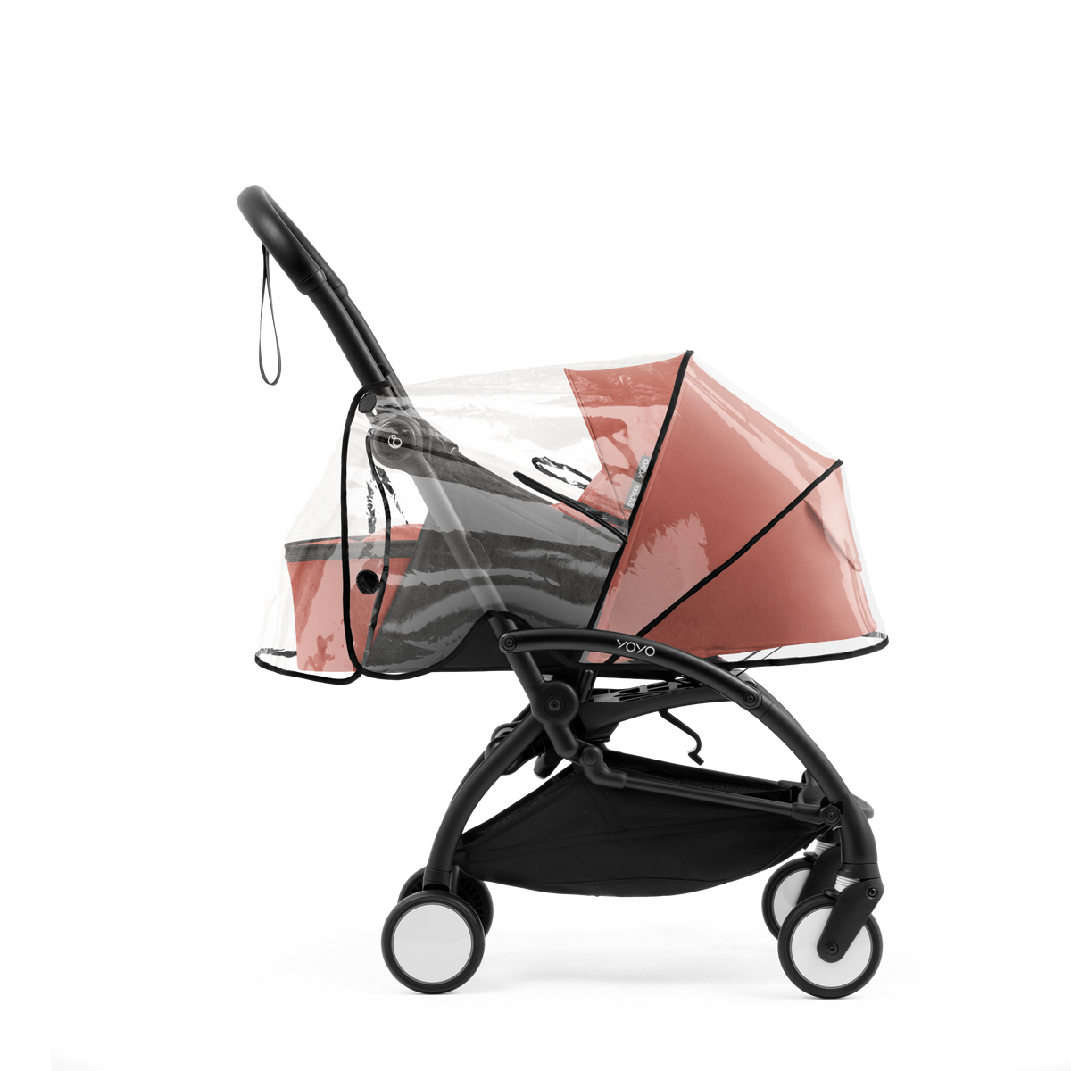 STOKKE YOYO newborn pack rain cover opened on stroller.