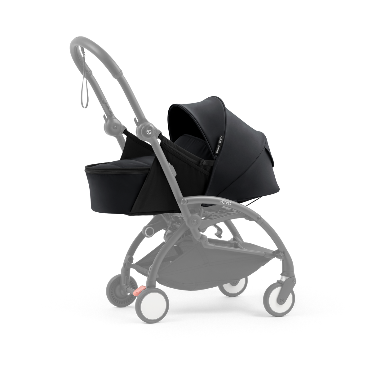 A yoyo stroller bassinet attachment set in black, shown mounted on a stroller frame against a solid white background.