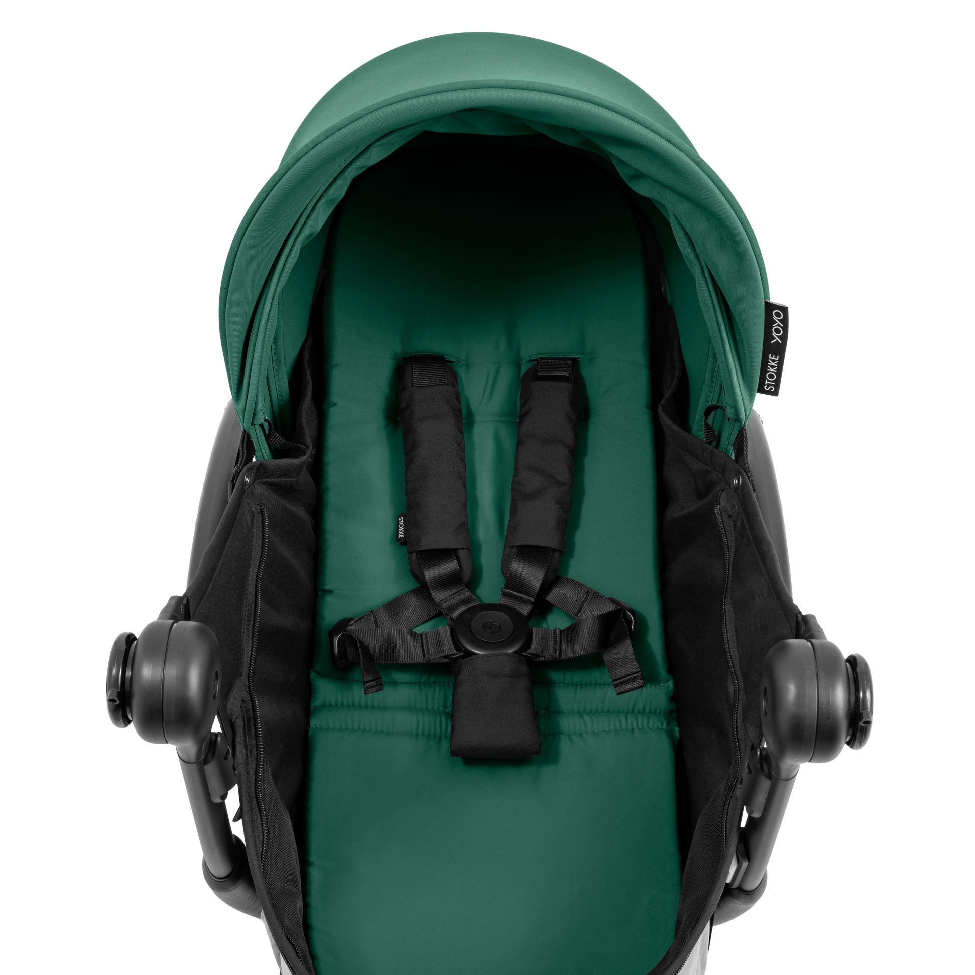 A yoyo stroller bassinet attachment set in dark green and black, shown mounted on a stroller frame against a solid white background.