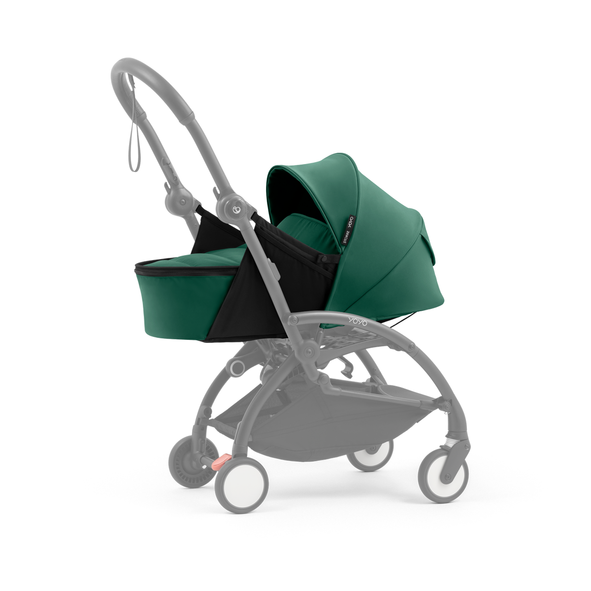 A yoyo stroller bassinet attachment set in dark green and black, shown mounted on a stroller frame against a solid white background.