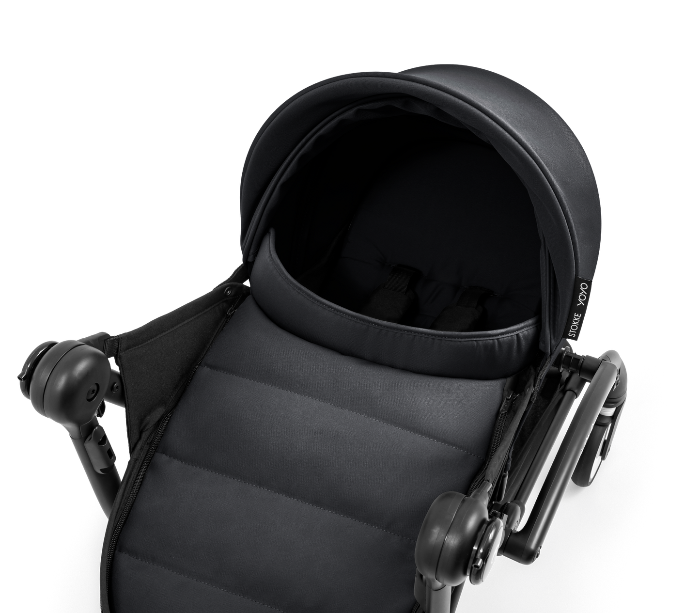A yoyo stroller bassinet attachment set in black, shown mounted on a stroller frame against a solid white background.