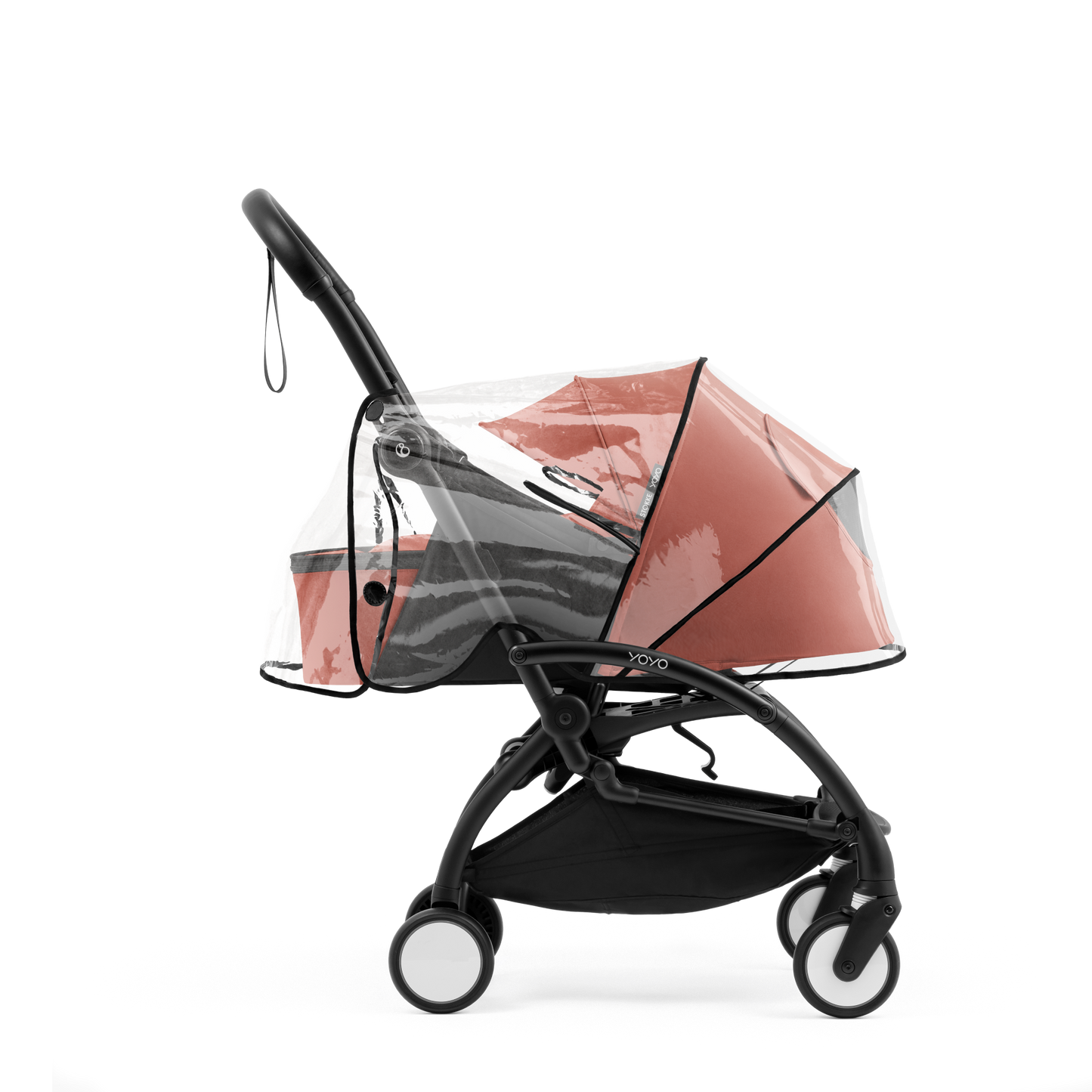 STOKKE YOYO newborn pack rain cover opened on stroller.