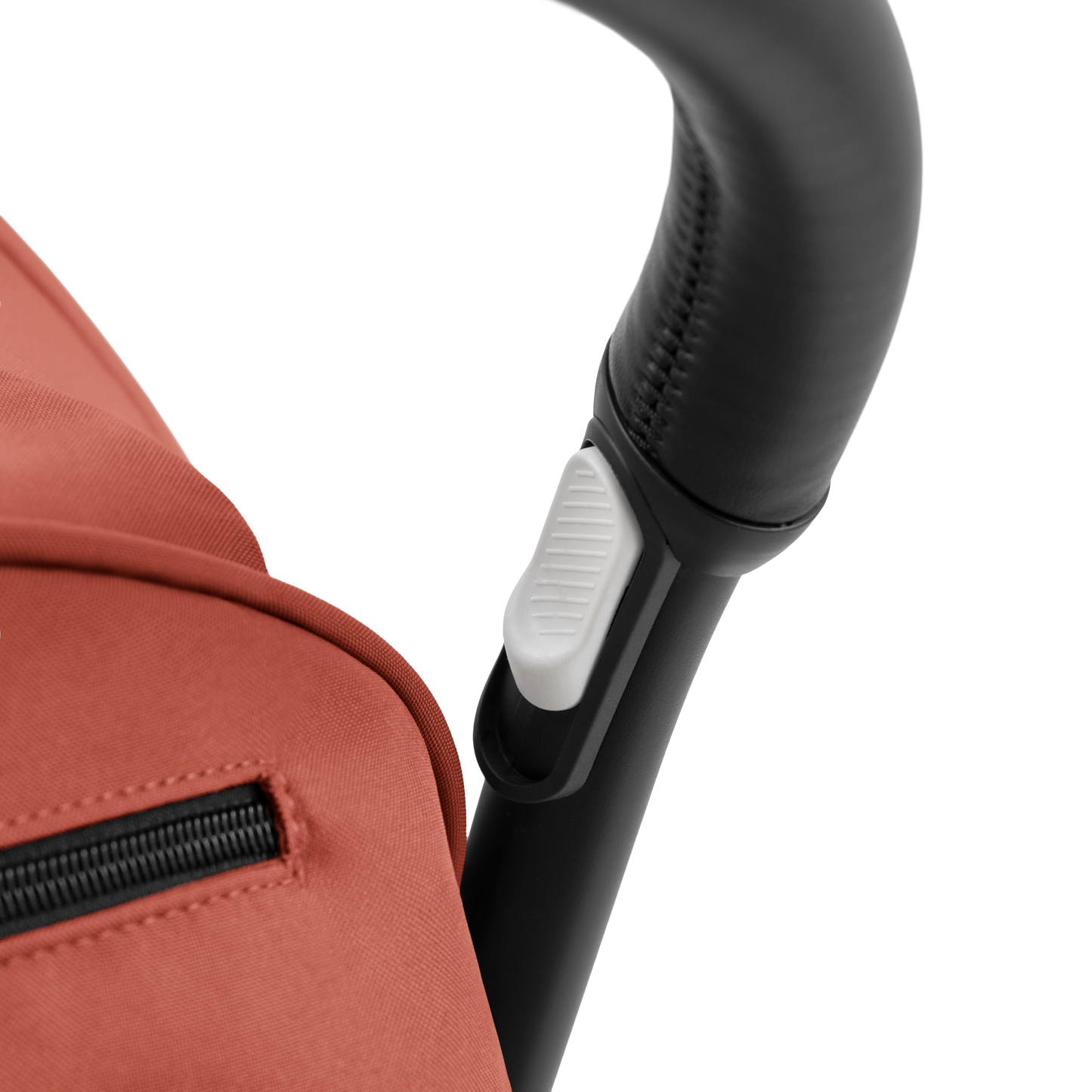 A compact yoyo 5 stroller with a rust-orange canopy and seat lining, a black frame, and black wheels, shown on a plain white background.