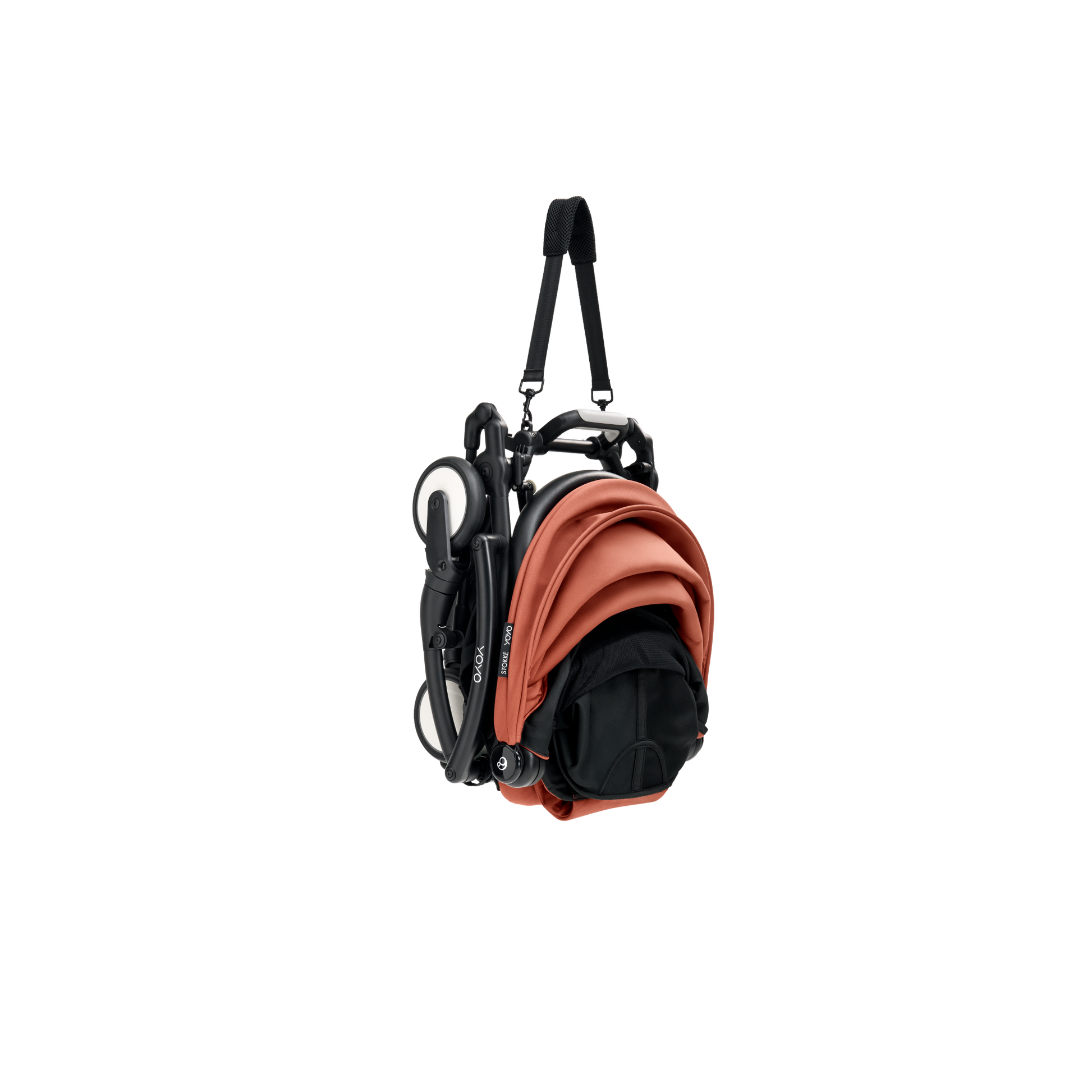 A compact yoyo 5 stroller with a rust-orange canopy and seat lining, a black frame, and black wheels, shown on a plain white background.