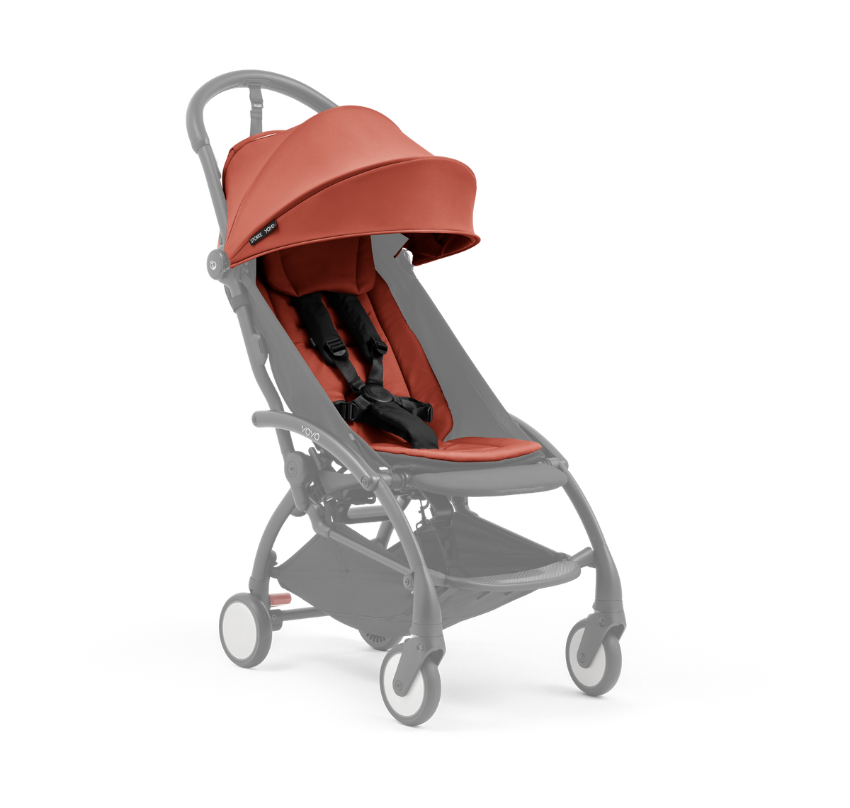 A compact baby stroller with a terracotta canopy and terracotta padded seat, with a blacked out chassis, shown on a plain white background.