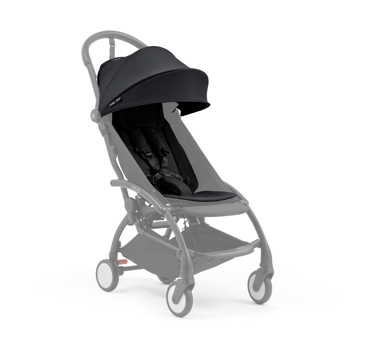 A compact baby stroller with a black canopy and black padded seat, with a blacked out chassis, shown on a plain white background.