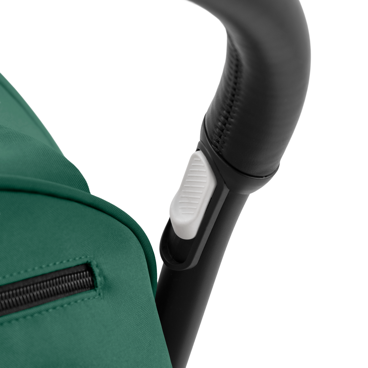 A compact yoyo 5 stroller with a green canopy and seat lining, a black frame, and black wheels, shown on a plain white background.