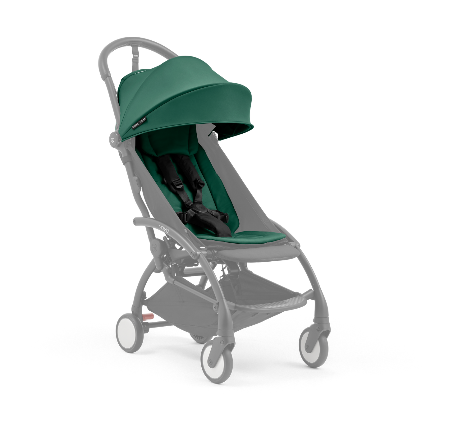 A compact baby stroller with a dark green canopy and dark green padded seat, with a blacked out chassis, shown on a plain white background.