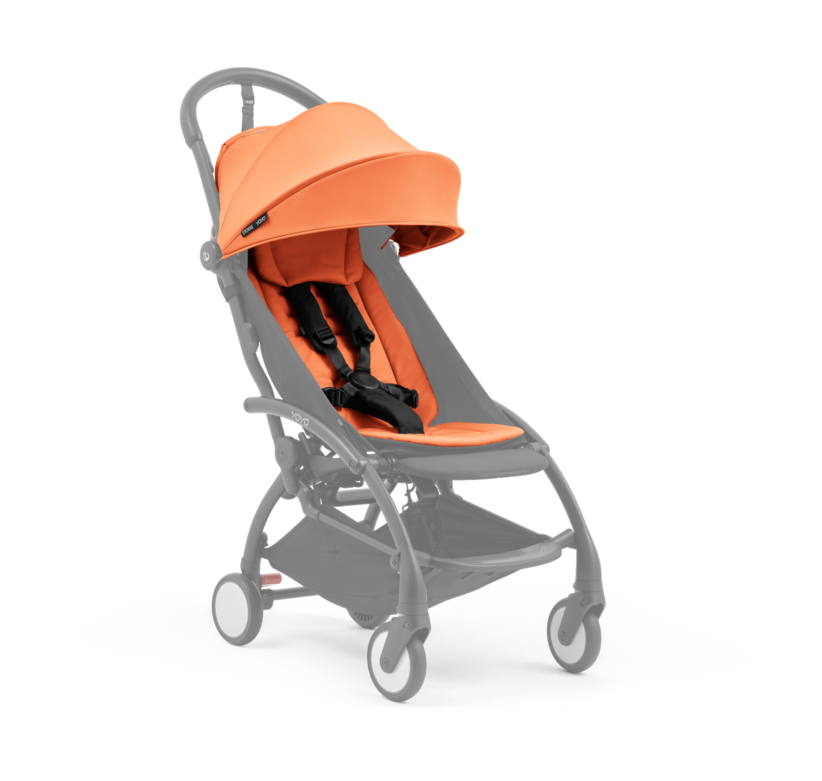 A compact baby stroller with an orange  canopy and orange padded seat, with a blacked out chassis, shown on a plain white background.