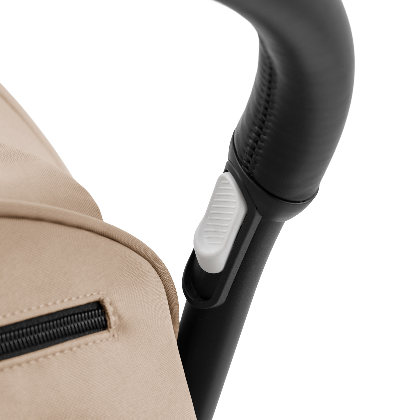 A compact yoyo 5 stroller with a beige canopy and seat lining, a black frame, and black wheels, shown on a plain white background.