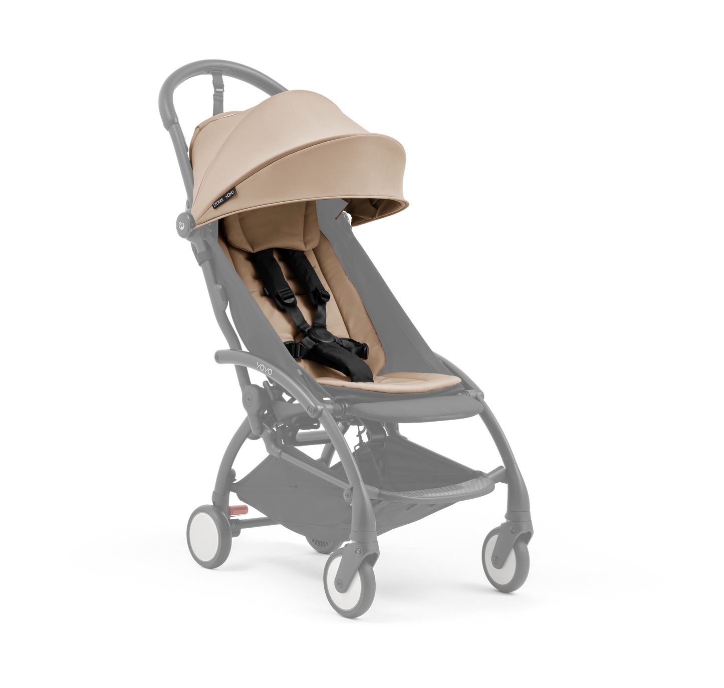 A compact baby stroller with a beige canopy and beige padded seat, with a blacked out chassis, shown on a plain white background.